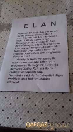   Hörmətli 87 Saylı Ağsu-İsmayıllı Seçki Dairəsinin seçiciləri!